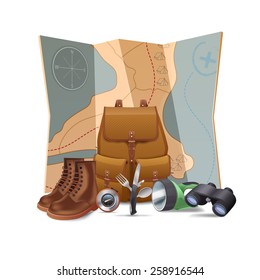 Tourism and hiking concept with realistic boots backpack binoculars vector illustration