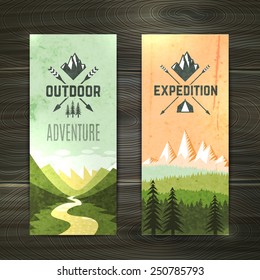 Tourism hiking holidays forest landscape with mountain peaks and two vertical banners set abstract isolated vector illustration