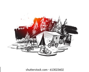 Tourism hiking holidays forest landscape - Hand Drawn sketch concept vector illustration.