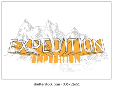 Tourism hiking holidays landscape with mountain peaks and abstract vector 3d text illustration, for outdoor and expedition design