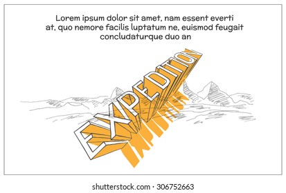 Tourism hiking holidays landscape with mountain peaks and abstract vector 3d text illustration, for outdoor and expedition design