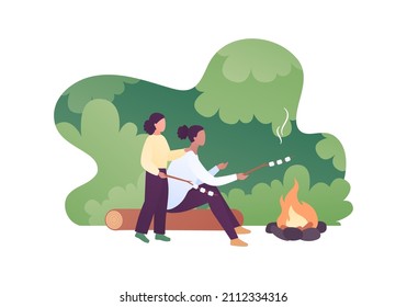 Tourism, Hikking And Camping Concept. Vector Flat People Illustration. Female Mother With Girl Prepare Marshmellow On Fire. Green Forest And Sky On Background. Design For Nature Park Journey.