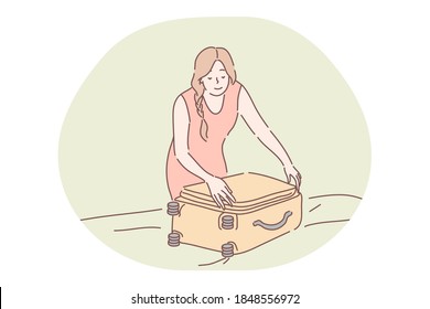 Tourism, holiday, travelling concept. Happy woman traveller tourist packing or unpacking suitcase. Preparation for summertime vacation holidays and hotel arrival or departure cartoon illustration.