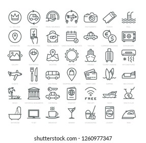 Tourism and hotel services - outline vector web icons set. 