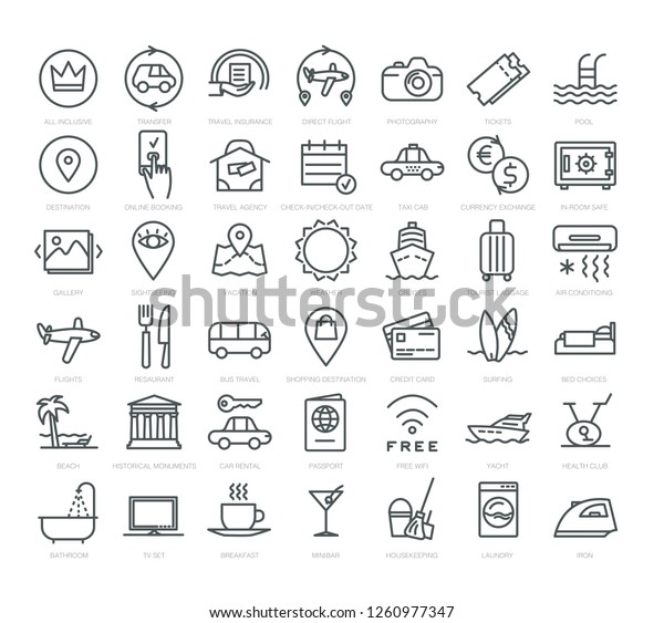 Tourism and hotel services - outline vector web icons\
set. 