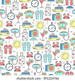 Tourism, hotel and travel seamless pattern in color flat line style