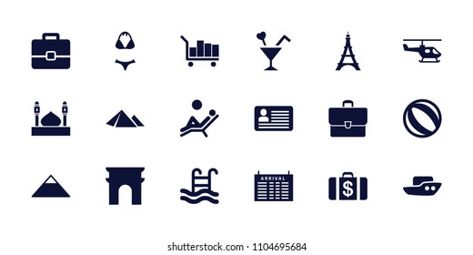 Tourism icon. collection of 18 tourism filled icons such as arrival table, pyramid, arc de triomphe, boat, money case, beach ball. editable tourism icons for web and mobile.