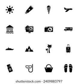 Tourism icon - Expand to any size - Change to any colour. Perfect Flat Vector Contains such Icons as beach, sun, postcard, plane, cream, palm, passport, coconut, sandal, sea, bungalow, ticket, island