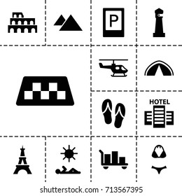 Tourism icon. set of 13 filled tourism icons such as taxi, parking, coliseum, lighthouse, eiffel tower, man laying in sun, hotel, mountain, flip flops, swimsuit, tent