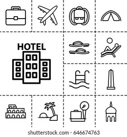 Tourism icon. set of 13 outline tourismicons such as lugagge weight, mosque, coliseum, monument, swimming pool, man laying in the sun, hotel, island, flip flops, tent, plane