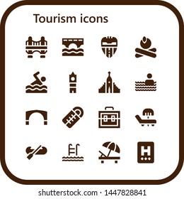 tourism icon set. 16 filled tourism icons.  Collection Of - Bridge, Valencia, Campfire, Swimming, Big ben, Hallgrimskirkja, Swimming pool, Stari most, Sleeping bag, Suitcase, Sunbed