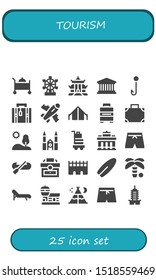 tourism icon set. 25 filled tourism icons.  Collection Of - Room service, London eye, Pagoda, Pantheon, Hook, Luggage, Plane, Tent, Baggage, Suitcase, Hill, Chartres cathedral icons