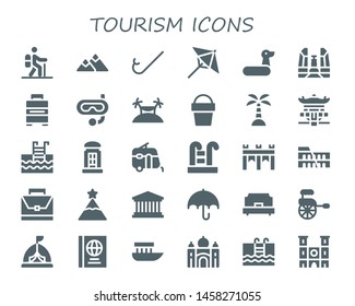 tourism icon set. 30 filled tourism icons.  Collection Of - Hiking, Mountain, Snorkel, Umbrella, Rubber ring, Democracy monument, Baggage, Island, Sand bucket, Pagoda, Swimming pool