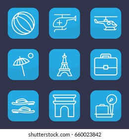 Tourism icon. set of 9 outline tourism icons such as lugagge weight, arc de triomphe, eiffel tower, medical helicopter, umbrella, flip flops, helicopter, beach ball