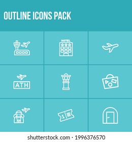 Tourism icon set and airplane with hotel, ticket and airport tower. Coupon related tourism icon vector for web UI logo design.