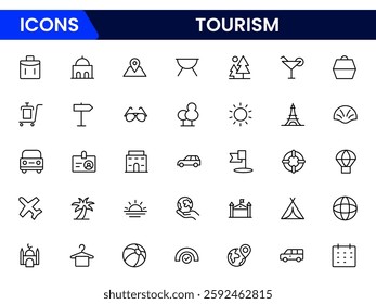 Tourism icon set. Airplane, trip, beach, passport, summer vacations, luggage, camping, hotel. Collection of traveling and tourism elements. Vector illustration.