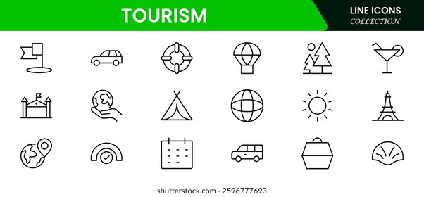 Tourism icon set. Airplane, trip, beach, passport, summer vacations, luggage, camping, hotel. Collection of traveling and tourism elements. Vector illustration.