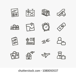 Tourism icon set and clock time with airport belt, airport transport and passport visa. Plane related tourism icon vector for web UI logo design.