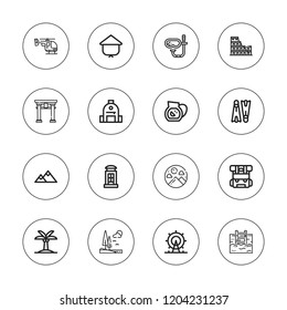 Tourism icon set. collection of 16 outline tourism icons with backpack, colosseum, flippers, helicopter, kasa, london eye, lake, mountain, palm tree, pool, sangria icons.