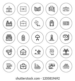 Tourism icon set. collection of 25 outline tourism icons with boarding pass, boat, bridge, briefcase, desert, double exposure, hotel, helicopter, kite icons. editable icons.