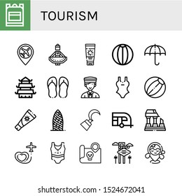 tourism icon set. Collection of School bag, Airport, Regional dance, Sun lotion, Beach ball, Sun umbrella, Temple, Flip flops, Bellboy, Swimsuit, Sun cream, Gherkin, Hook icons
