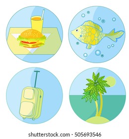 tourism icon set Color food, palm, fish, luggage vector illustration