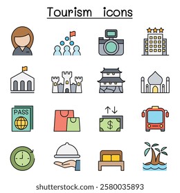 Tourism icon set in color line style