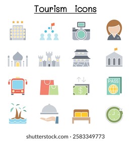 Tourism icon set  in flat color style