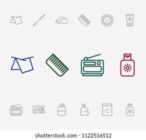 Tourism icon set and gadgets with sunscreen, plastic baggies and antiseptic. Dish related tourism icon vector for web UI logo design.