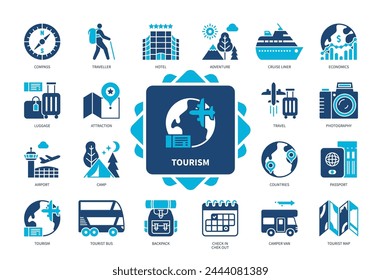 Tourismus-Icon-Set. Hotel, Kreuzfahrtschiff, Touristenbus, Flughafen, Countrys, Reisepass, Rucksack, Reisen. Zweifarbige Volltonsymbole