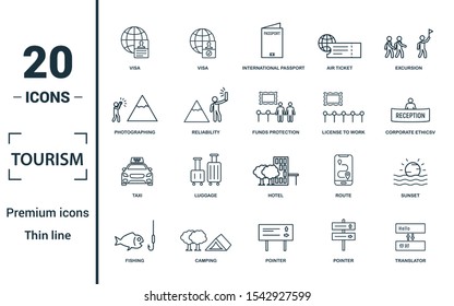 Tourism icon set. Include creative elements visa, international passport, photographing, exhibit, taxi icons. Can be used for report, presentation, diagram, web design.