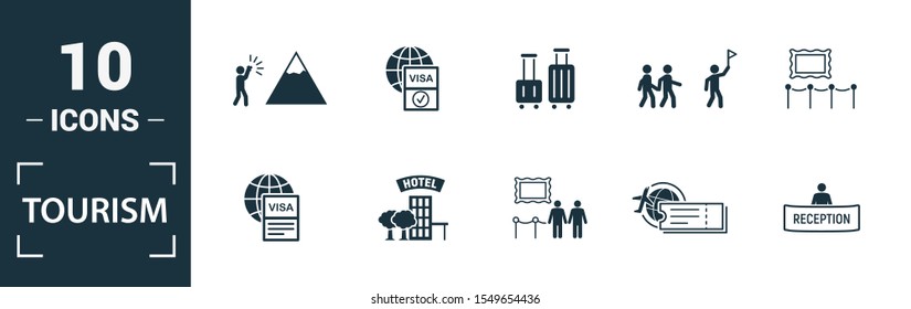 Tourism icon set. Include creative elements visa, international passport, photographing, exhibit, taxi icons. Can be used for report, presentation, diagram, web design.