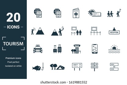 Tourism icon set. Include creative elements visa, international passport, photographing, exhibit, taxi icons. Can be used for report, presentation, diagram, web design.