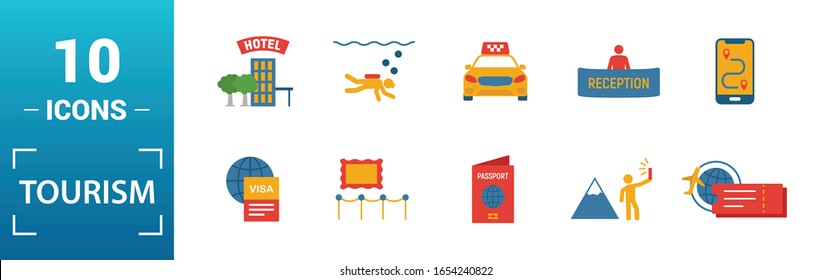 Tourism icon set. Include creative elements visa, international passport, photographing, exhibit, taxi icons. Can be used for report, presentation, diagram, web design.