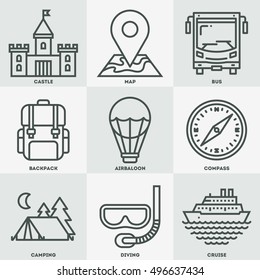 Tourism Icon Set. Line Design Vector Illustrations.