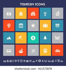 Tourism icon set. Multicolored square flat buttons