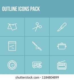 Tourism icon set and tarp with scissors, knife and paper plates. Package related tourism icon vector for web UI logo design.