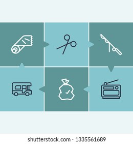 Tourism icon set and tin foil with scissors, campers and gadgets. Radio related tourism icon vector for web UI logo design.