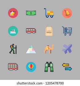 tourism icon set. vector set about packs, transfer, pyramid and trolley icons set.