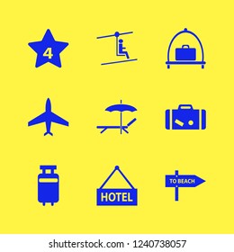 tourism icon. tourism vector icons set man on cable car, travelling luggage, hotel and beach direction