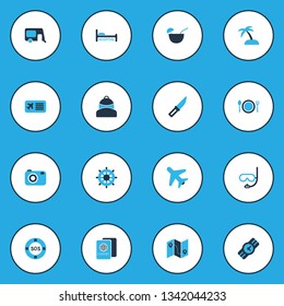 Tourism icons colored set with camera, knife, map with route and other clinic elements. Isolated vector illustration tourism icons.