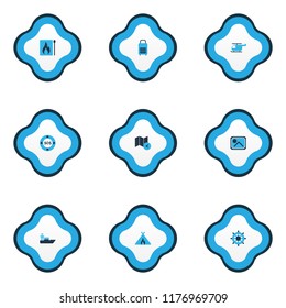 Tourism icons colored set with handwheel, tent with fire, lifebuoy lifeguard elements. Isolated vector illustration tourism icons.