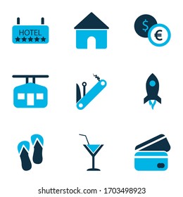 Tourism icons colored set with house, flip flops, exchange money and other penknife elements. Isolated vector illustration tourism icons.