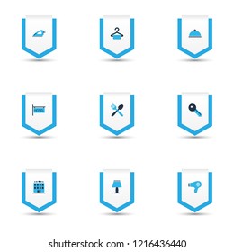 Tourism icons colored set with lamp, hairdryer, meal and other flatiron elements. Isolated vector illustration tourism icons.