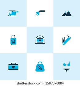 Tourism icons colored set with multitool, the mountains, shower and other peak elements. Isolated vector illustration tourism icons.