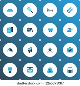 Tourism icons colored set with ski cabin, food, flask and other caravan elements. Isolated vector illustration tourism icons.