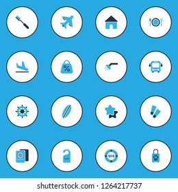 Tourism icons colored set with toothbrush, surfboard, the sign is closed and other surfing elements. Isolated vector illustration tourism icons.