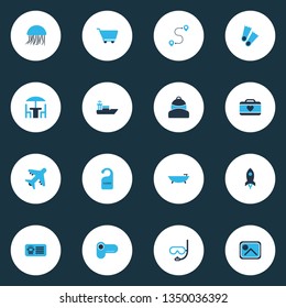 Tourism icons colored set with train ticket, rocket, suitcase female and other medusa elements. Isolated vector illustration tourism icons.