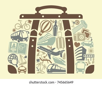 Tourism icons in the form of a road bag. Vector illustration