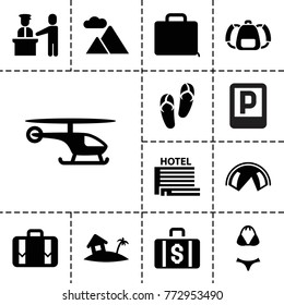 Tourism icons. set of 13 editable filled tourism icons such as flip flops, tent, luggage, case, mountain, home on island, hotel, swimsuit, helicopter, parking, pass control